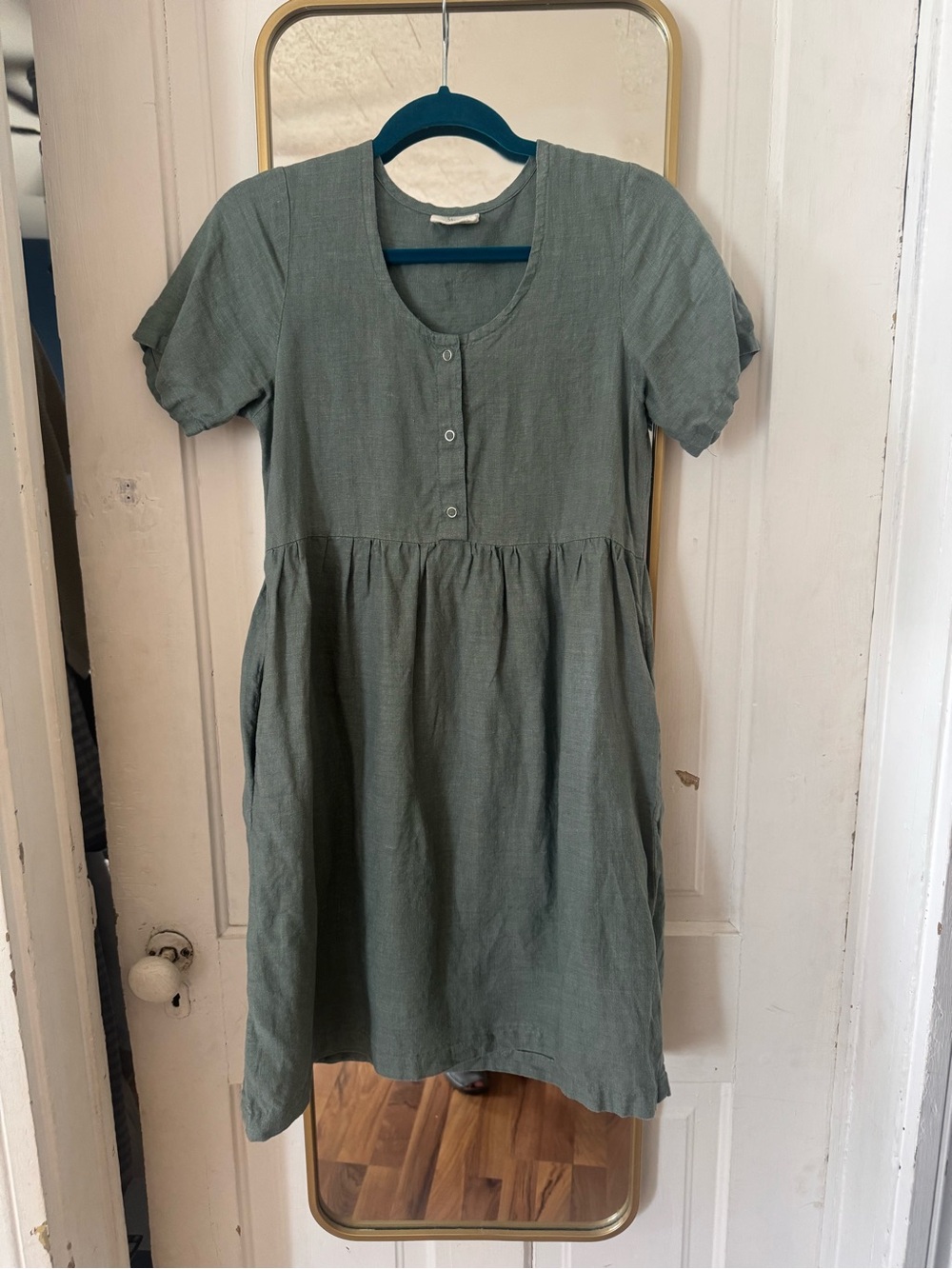 Conscious Clothing Boardwalk Dress Sage Green Linen Button Front Dress